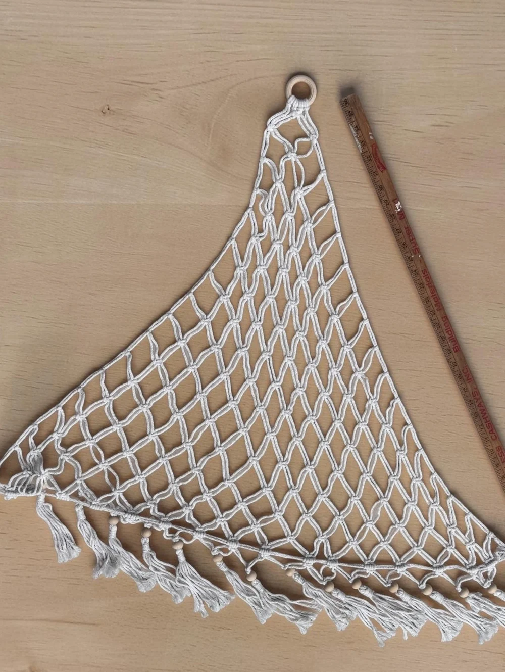 Handmade Boho 1970s Macramé Triangle Wall Hanging with Wooden Rings and Tassels